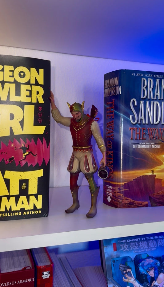 Boozy Bookshelf Court Jester holding a jug