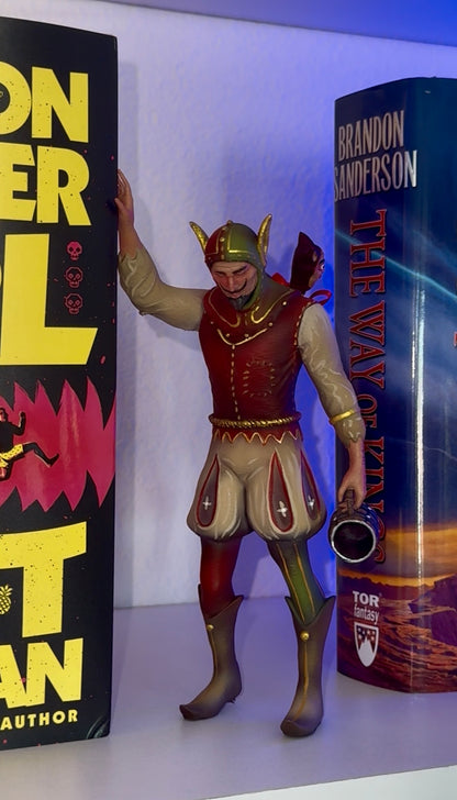 Boozy Bookshelf Court Jester holding a jug