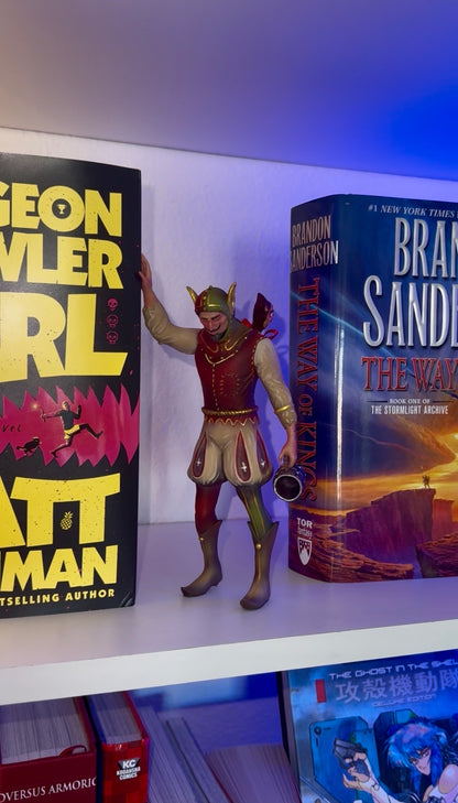 Boozy Bookshelf Court Jester holding a jug